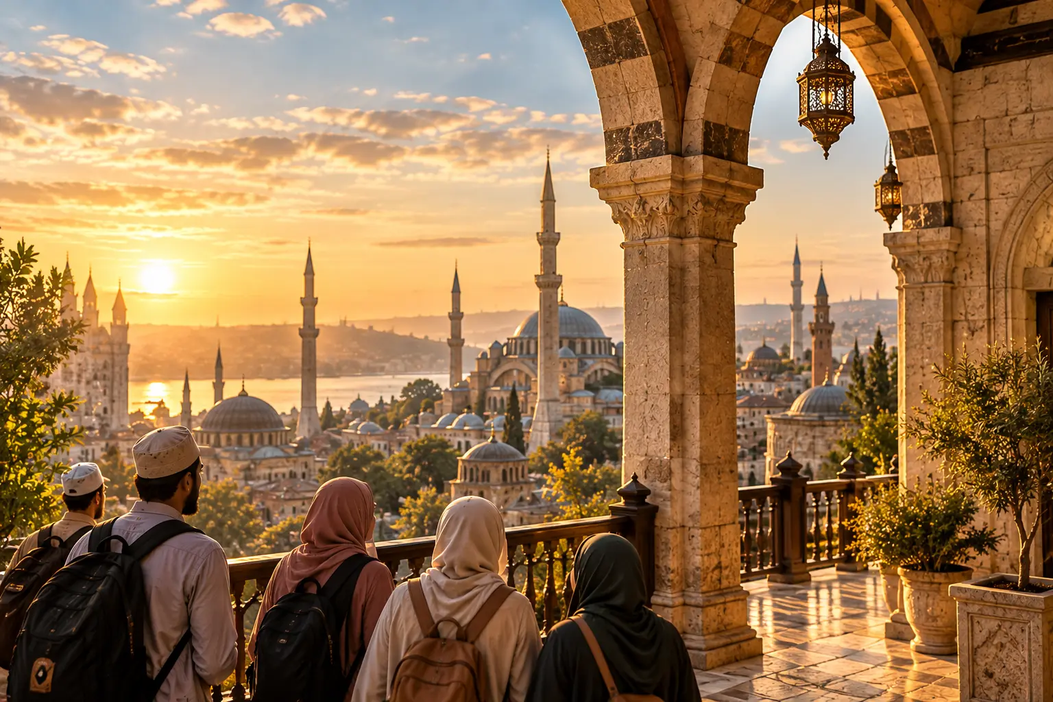 Travellers exploring Islamic heritage on a meaningful journey
