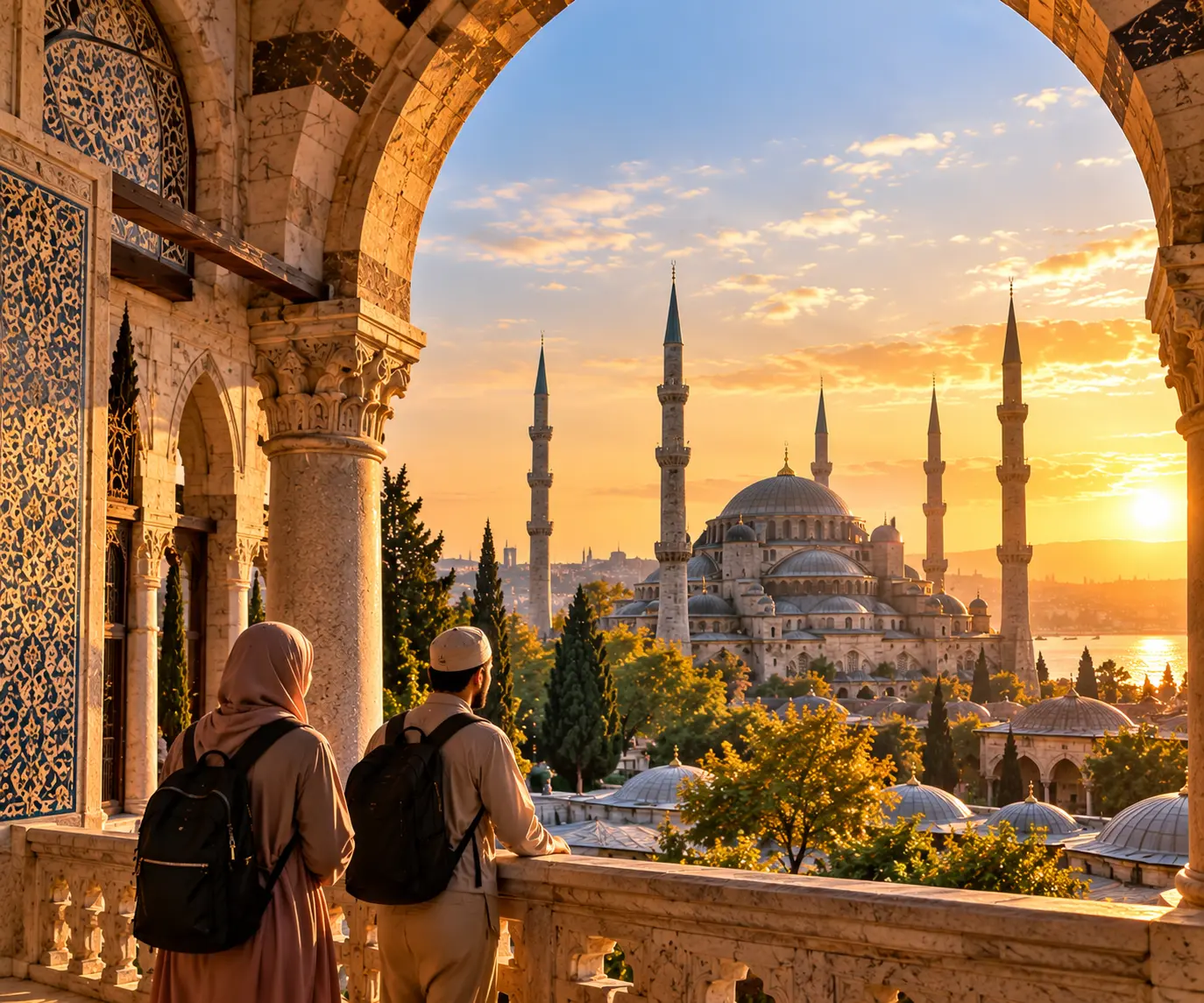 Travellers exploring a historic Islamic heritage destination